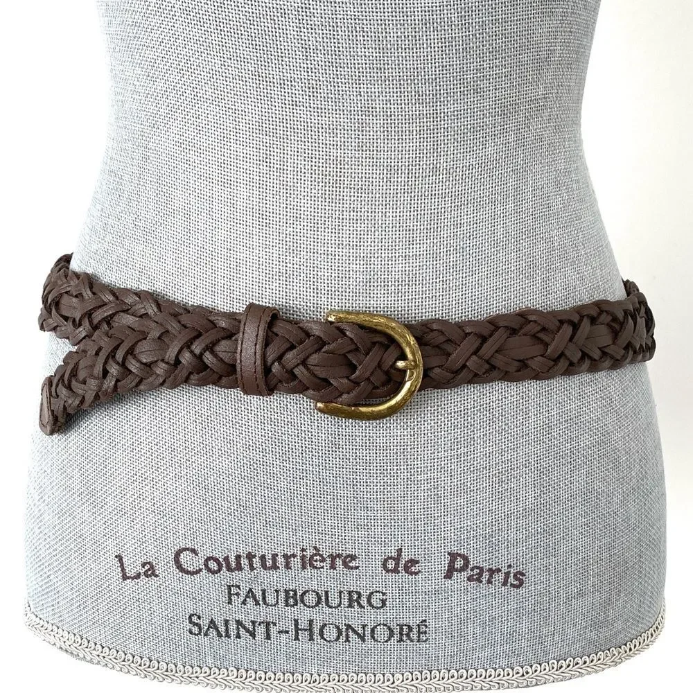 Vintage Brown Braided Leather Belt Gold Tone Buckle Sz M/L Boho Western Preppy